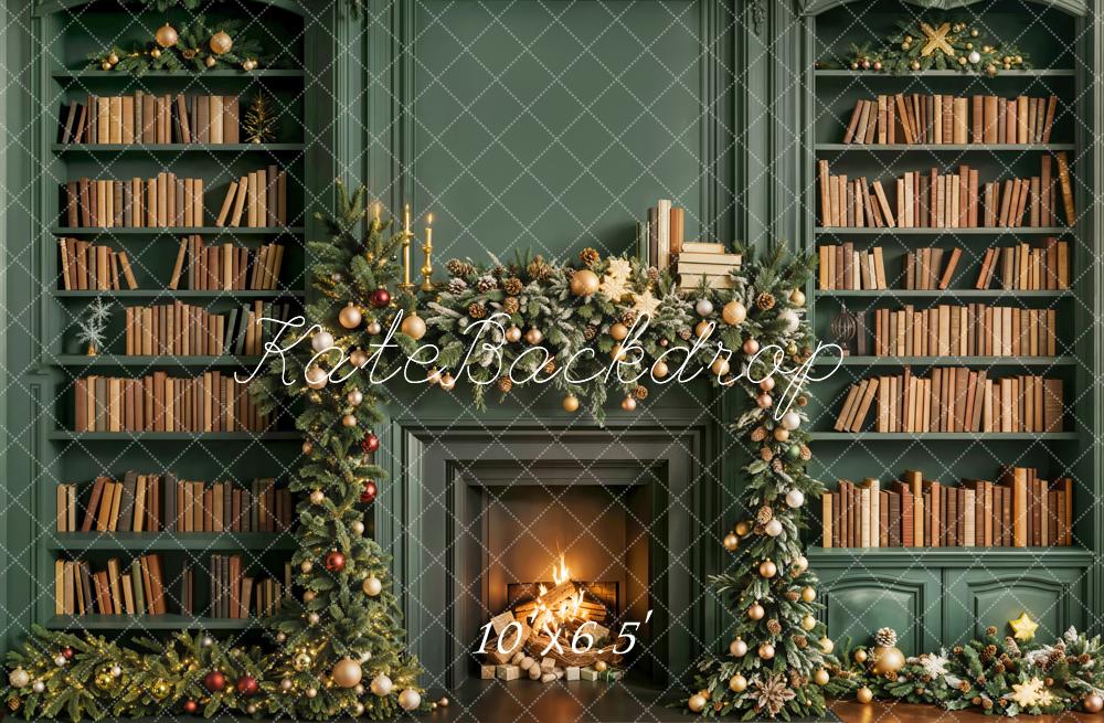 Kate Weihnachten Kamin Bücherregal Grün Fleece Hintergrund Entworfen von Emetselch - Kate Backdrop.de