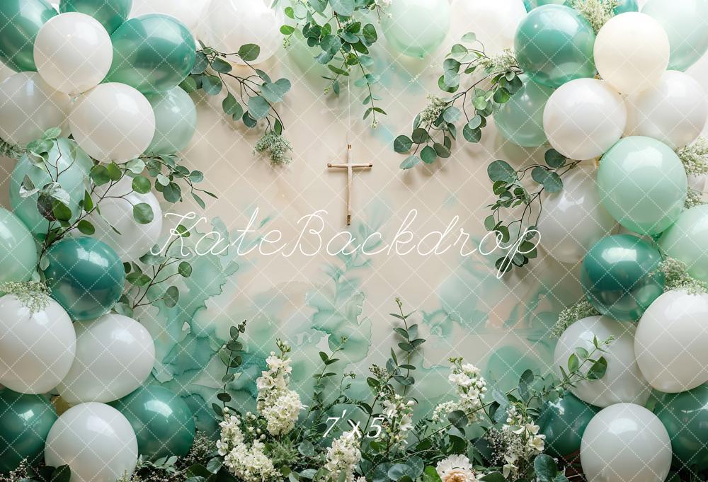 Kate Taufe Ballons Kreuz Grün Hintergrund Entworfen von Emetselch - Kate Backdrop.de