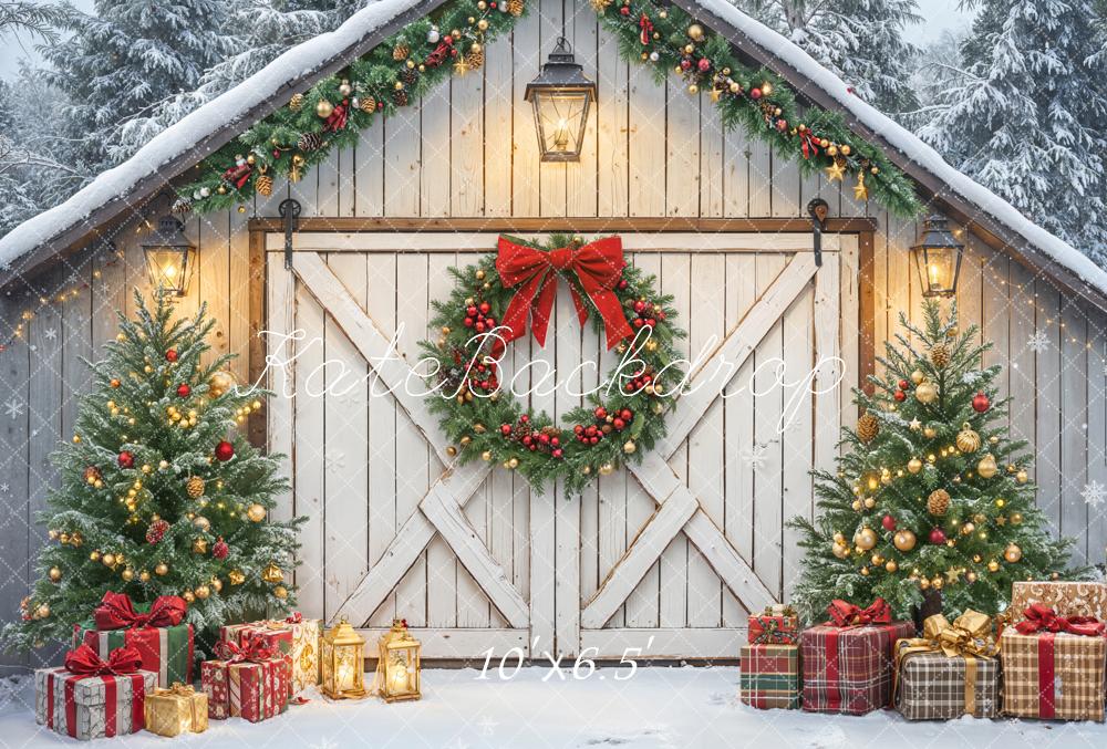 Kate Weihnachten Scheune Kranz Schnee Fleece Hintergrund Entworfen von Emetselch - Kate Backdrop.de