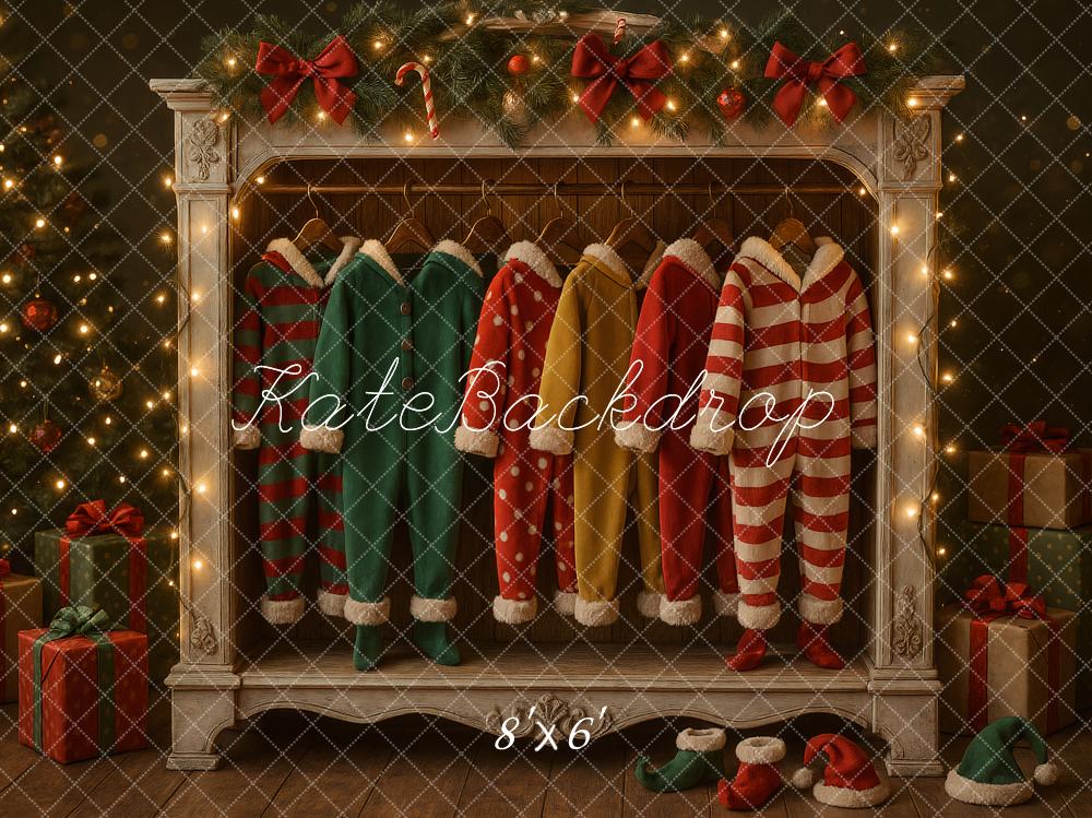 Kate Weihnachten Elfenkostüme Kamin Vintage Hintergrund Entworfen von Ashley Paul - Kate Backdrop.de