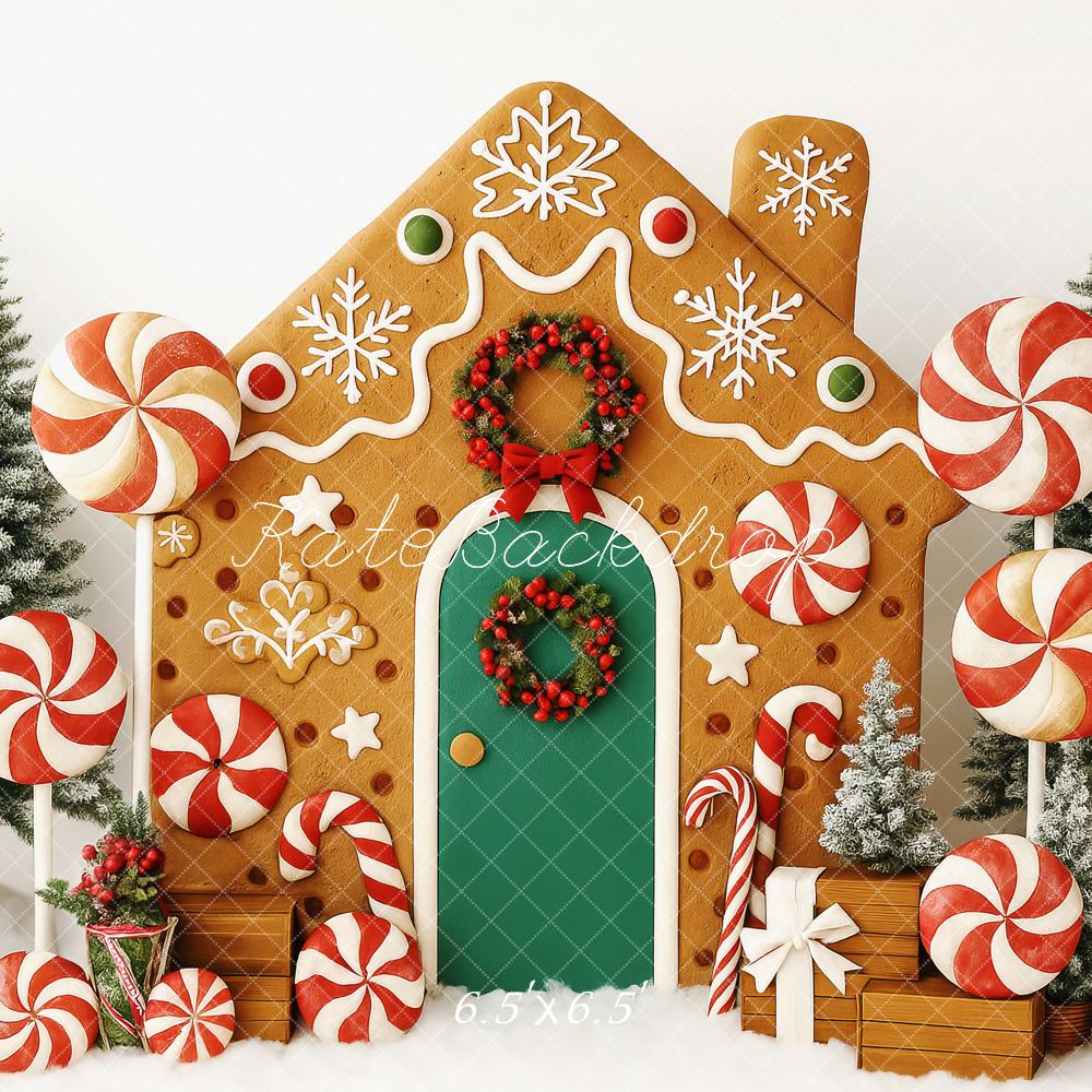 Kate Weihnachten Lebkuchenhaus Lollipops Schnee Hintergrund Entworfen von Patty Roberts - Kate Backdrop.de