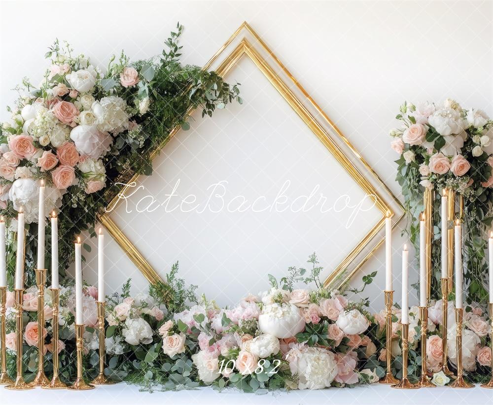 Kate Hochzeit Blumen Kerzen Goldrahmen Hintergrund Entworfen von Mini MakeBelieve - Kate Backdrop.de
