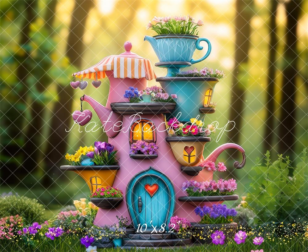 Kate Märchen Teekanne Blumenhaus Bunt Hintergrund Entworfen von Mini MakeBelieve