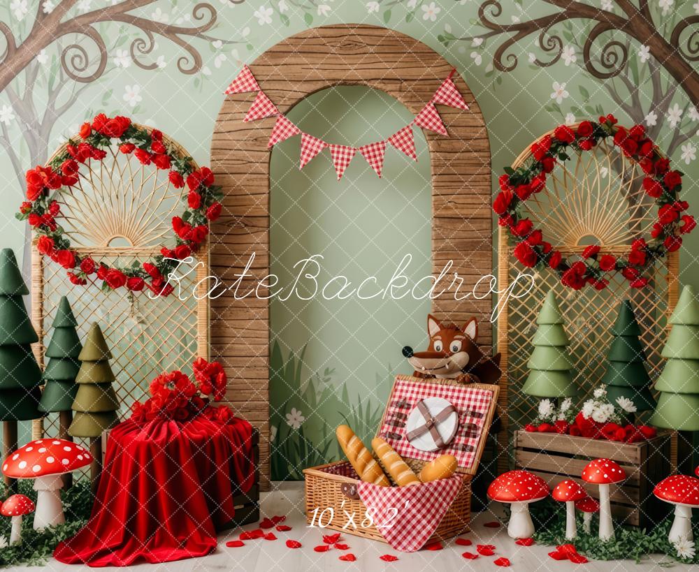 Kate Märchenwald Wolf Picknick Rot Hintergrund Entworfen von Patty Roberts - Kate Backdrop.de