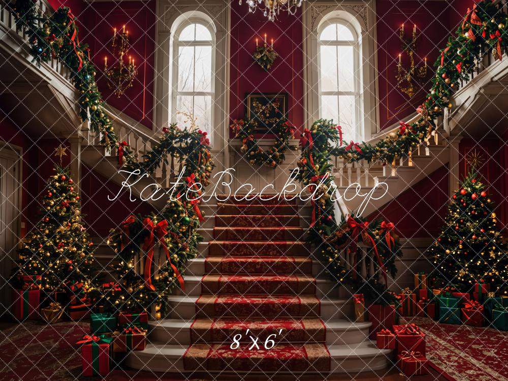Kate Weihnachten Treppe Girlande Rot Hintergrund Entworfen von Emetselch - Kate Backdrop.de