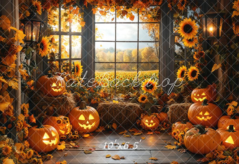 Kate Halloween Kürbisse Sonnenblumen Fenster Herbst Fleece Hintergrund Entworfen von Emetselch