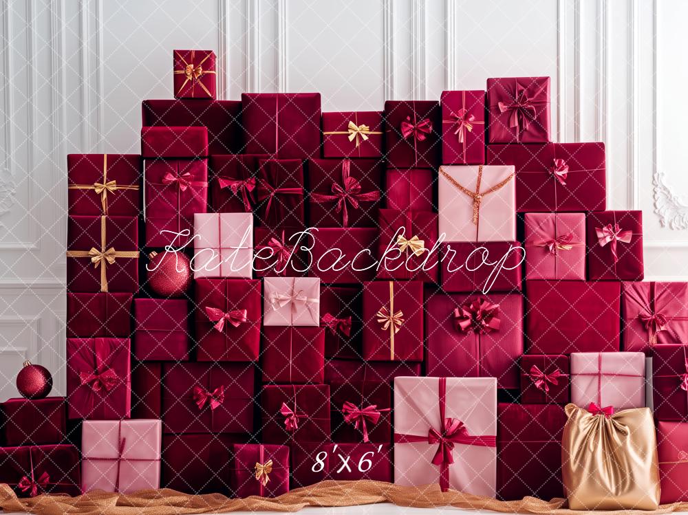 Kate Weihnachten Geschenke Stapel Rot Hintergrund Entworfen von Patty Roberts - Kate Backdrop.de