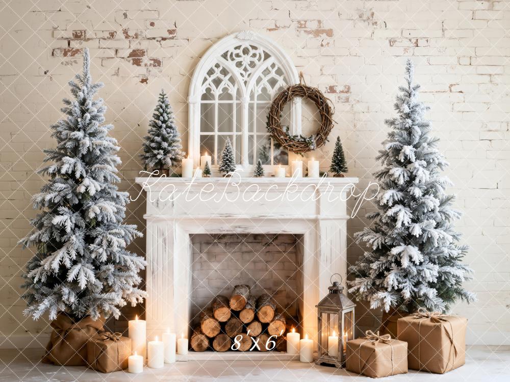 Kate Weihnachten Kamin Schneebedeckte Bäume Weiß Hintergrund Entworfen von Emetselch - Kate Backdrop.de