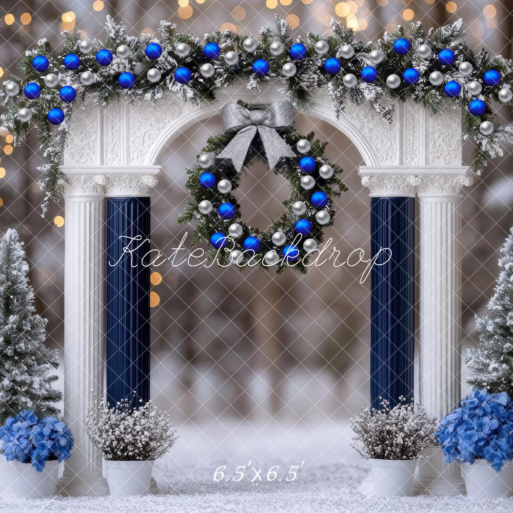 Kate Weihnachten Säulen Kranz Blau Weiß Hintergrund Entworfen von Mini MakeBelieve - Kate Backdrop.de