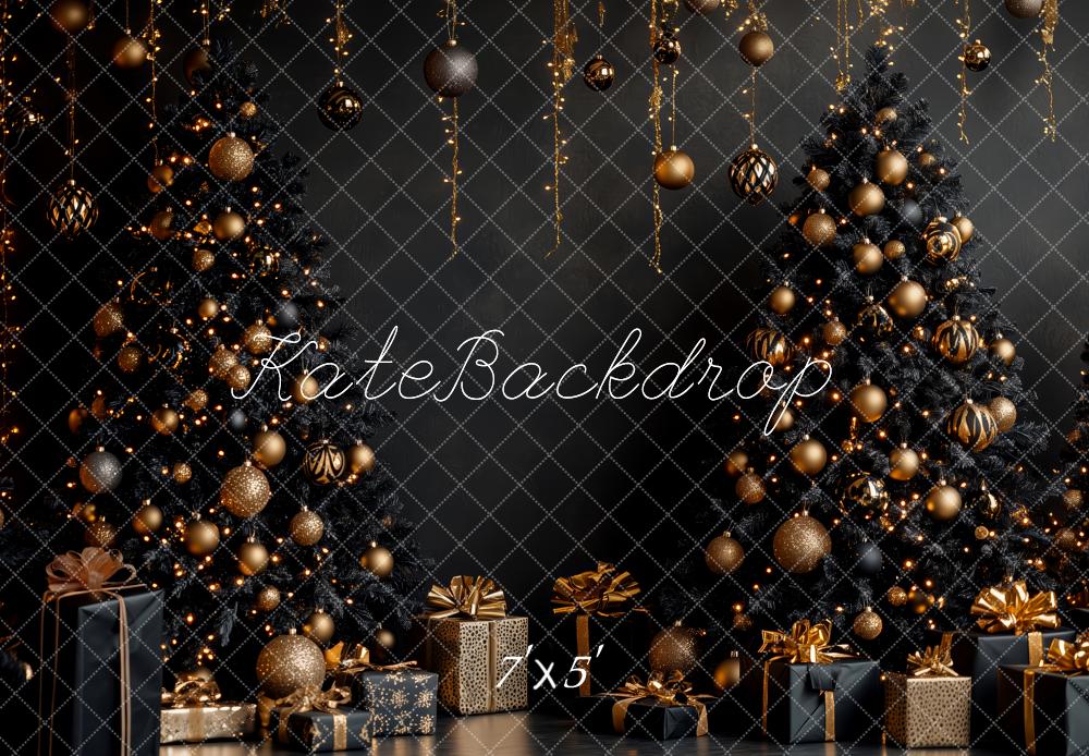 Kate Weihnachten Schwarze Bäume Gold Dekoration Hintergrund Entworfen von Patty Roberts - Kate Backdrop.de