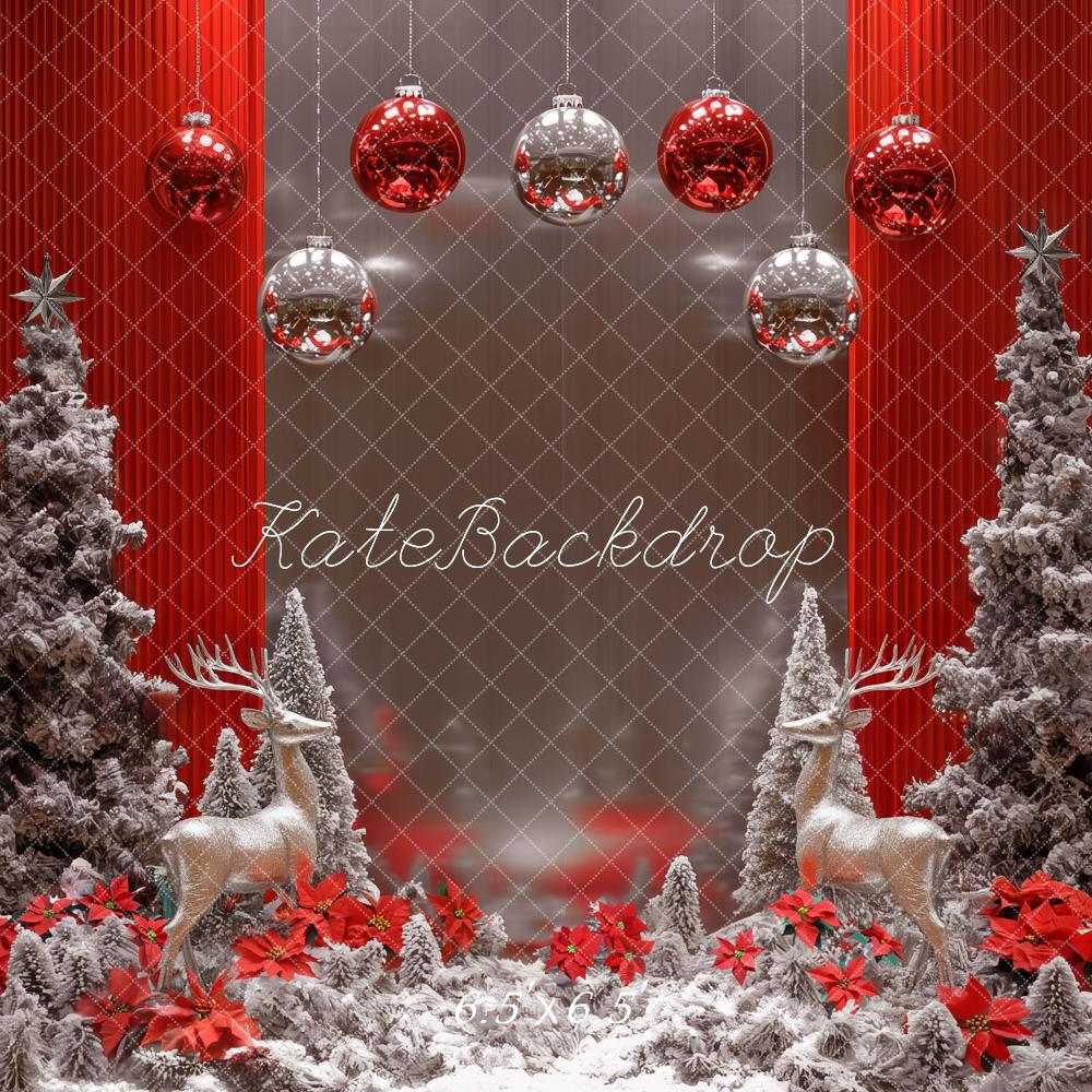 Kate Weihnachten Rentiere Schneebäume Rot Hintergrund Entworfen von Mini MakeBelieve - Kate Backdrop.de