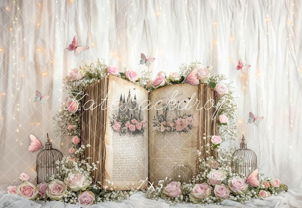 Kate Märchen Buch Blumen Schmetterlinge Weiß Hintergrund Entworfen von Patty Roberts - Kate Backdrop.de