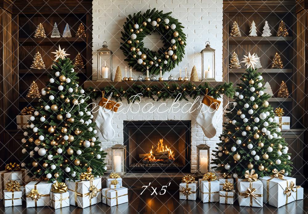 Kate Weihnachten Kamin Tannenbaum Weiß Gold Hintergrund Entworfen von Mini MakeBelieve - Kate Backdrop.de