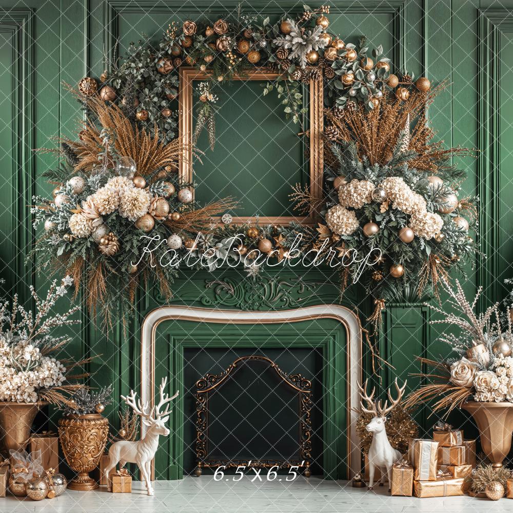 Kate Weihnachten Kamin Tannenbaum Grün Gold Hintergrund Entworfen von Emetselch - Kate Backdrop.de