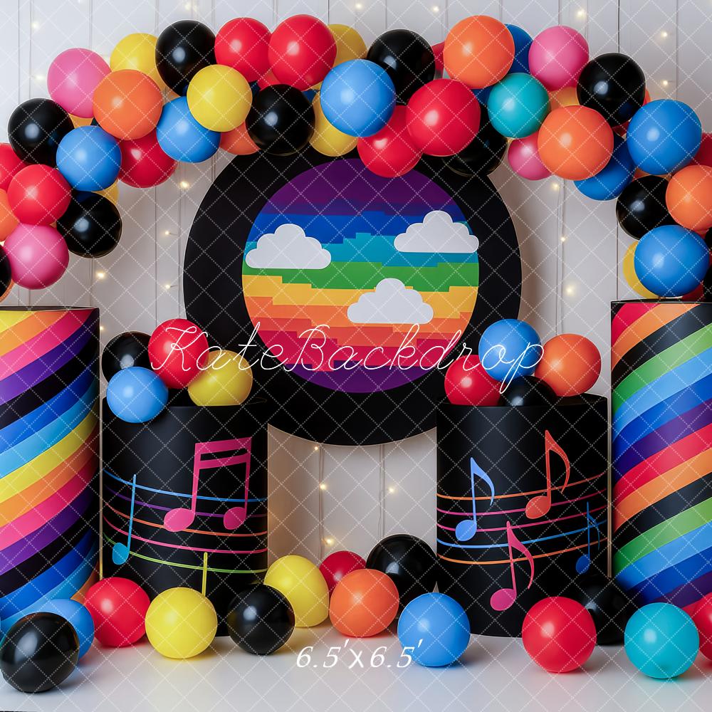 Kate Geburtstag Bunte Luftballons Regenbogen Streifen Hintergrund Entworfen von Patty Roberts - Kate Backdrop.de