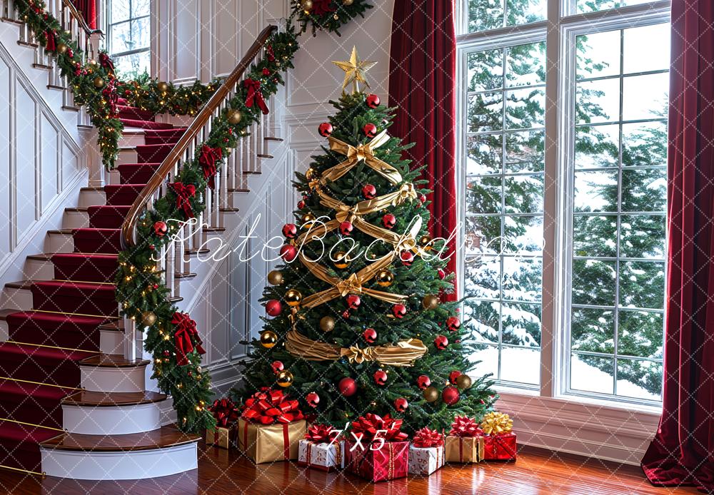 Kate Weihnachten Baum Geschenke Rot Hintergrund Entworfen von Mini MakeBelieve - Kate Backdrop.de