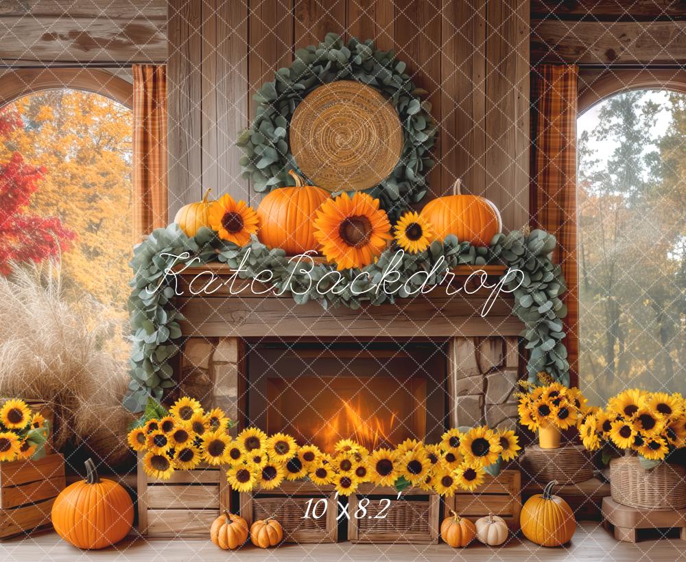 Kate Herbst Kamin Sonnenblumen Kürbisse Hintergrund Entworfen von Mini MakeBelieve - Kate Backdrop.de