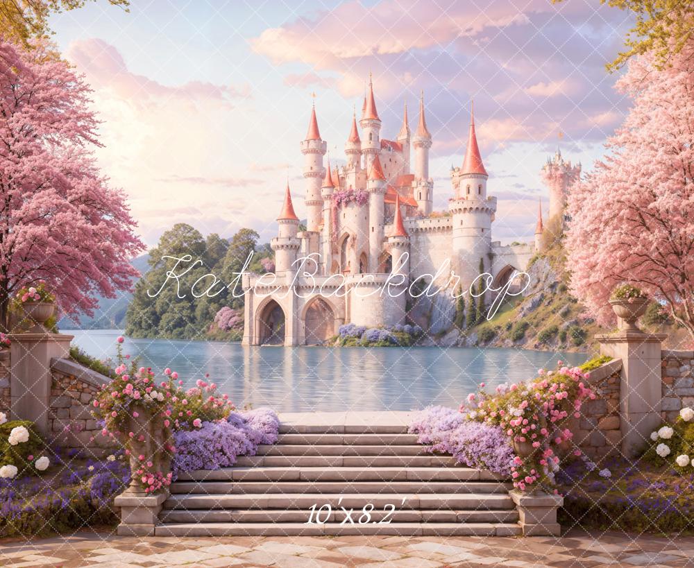 Kate Fantasy Schloss See Rosa Blüten Hintergrund Entworfen von Emetselch - Kate Backdrop.de