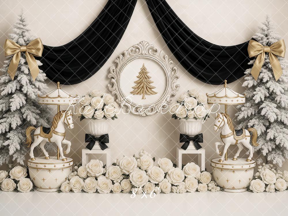 Kate Weihnachten Karussellpferde Tannen Creme Gold Hintergrund Entworfen von Ashley Paul - Kate Backdrop.de