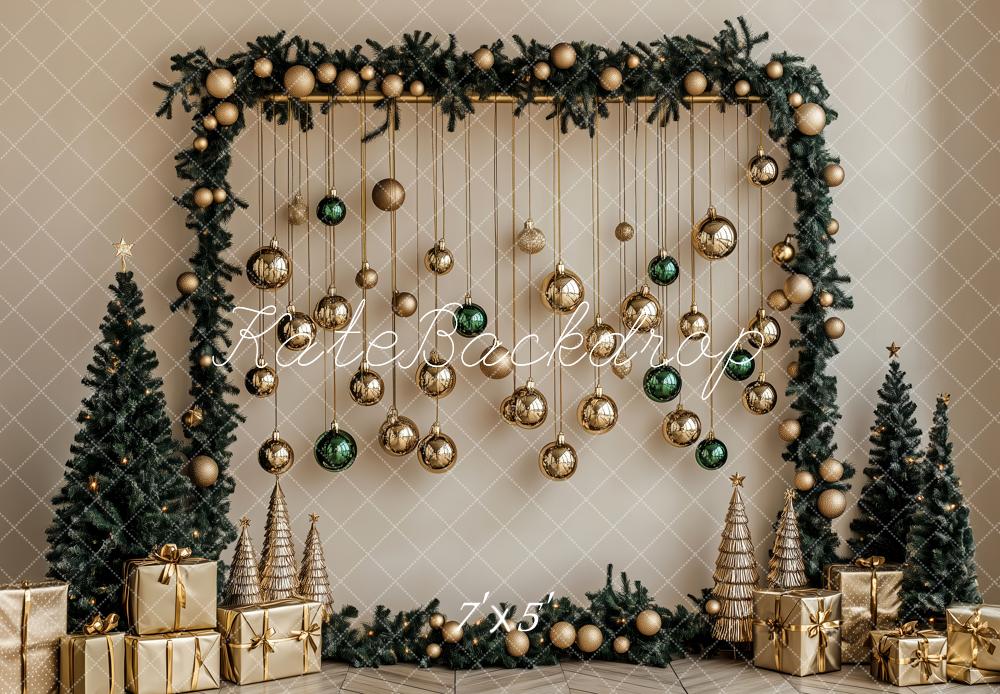 Kate Weihnachten Geschenkboxen Christbaumkugeln Goldgrün Hintergrund Entworfen von Patty Roberts - Kate Backdrop.de