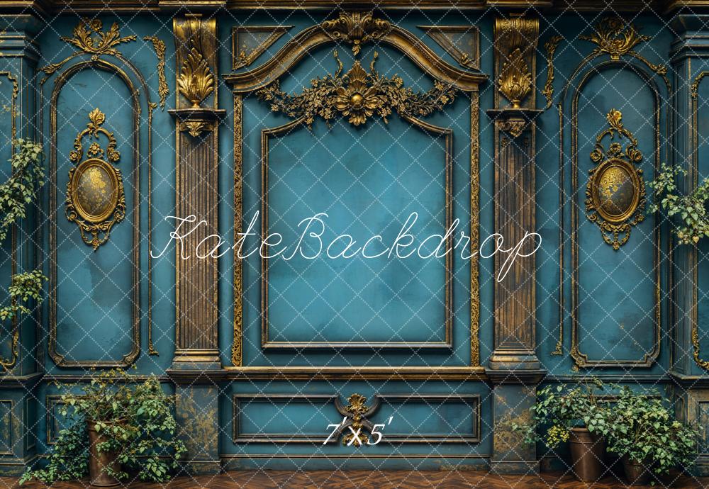 Kate Barock Blaue Wand Goldene Verzierungen Hintergrund Entworfen von Emetselch - Kate Backdrop.de
