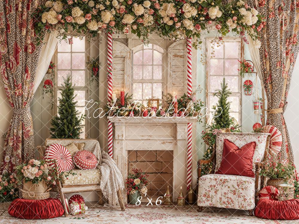 Kate Weihnachten Kamin Fenster Blumen Vintage Hintergrund Entworfen von Emetselch - Kate Backdrop.de