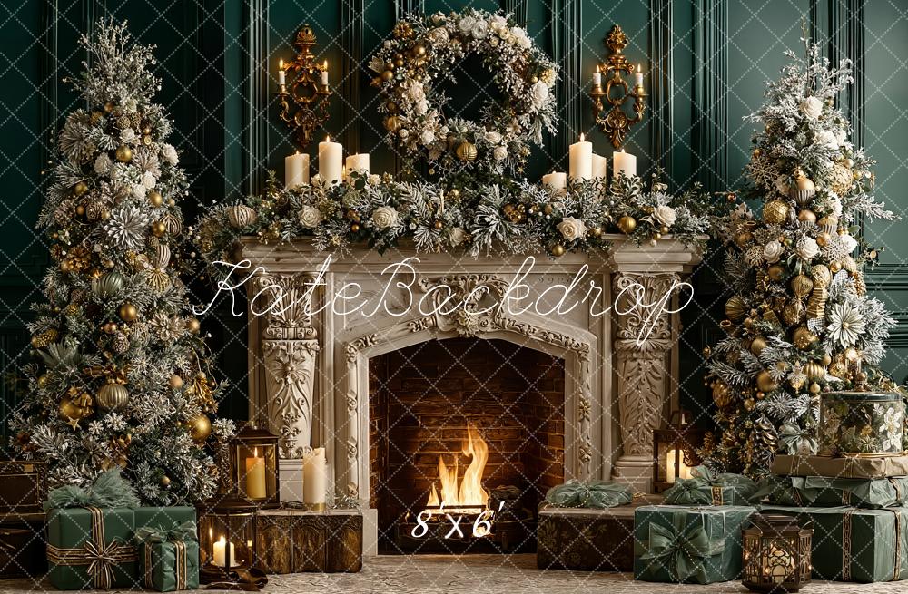 Kate Weihnachten Kamin Weihnachtsbaum Grün Gold Fleece Hintergrund Entworfen von Emetselch - Kate Backdrop.de