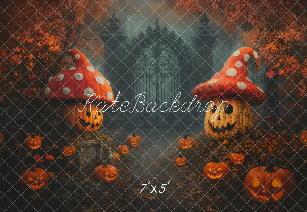 Kate Halloween Kürbis Pilzhäuser Tor Nebel Hintergrund Entworfen von Chain - Kate Backdrop.de