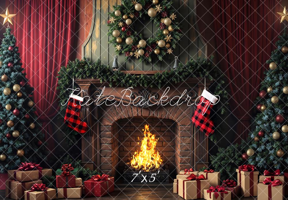 Kate Weihnachten Kamin Tannenbaum Rot Hintergrund Entworfen von Mini MakeBelieve - Kate Backdrop.de
