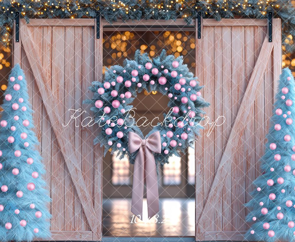 Kate Weihnachten Blaue Tannen Holztür Hintergrund Entworfen von Mini MakeBelieve - Kate Backdrop.de