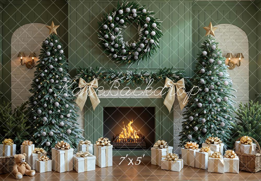 Kate Weihnachten Kamin Tannenbaum Grün Hintergrund Entworfen von Mini MakeBelieve - Kate Backdrop.de