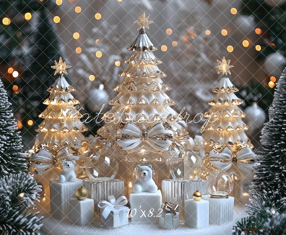 Kate Weihnachten Goldene Weihnachtsbäume Weiß Hintergrund Entworfen von Mini MakeBelieve - Kate Backdrop.de
