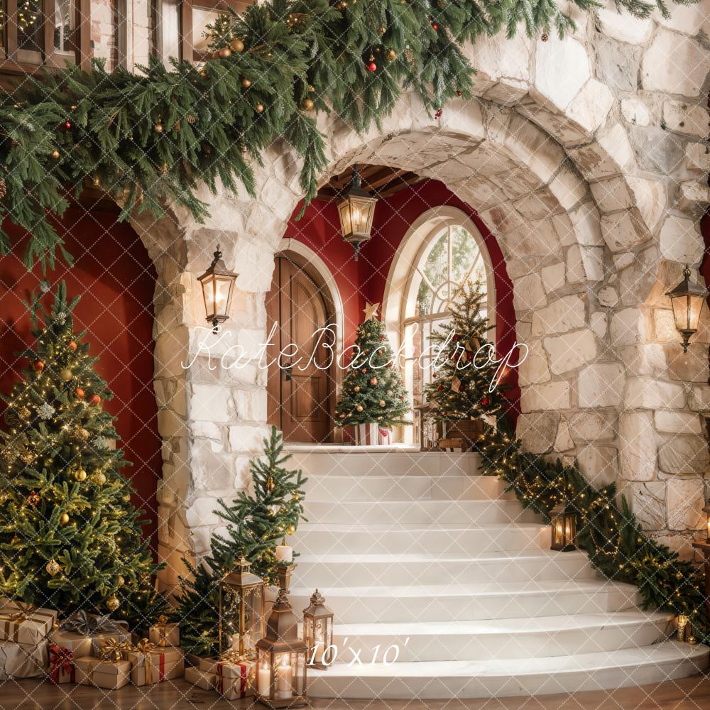 Kate Weihnachten Steintreppe Weihnachtsbaum Rot Hintergrund Entworfen von Emetselch - Kate Backdrop.de