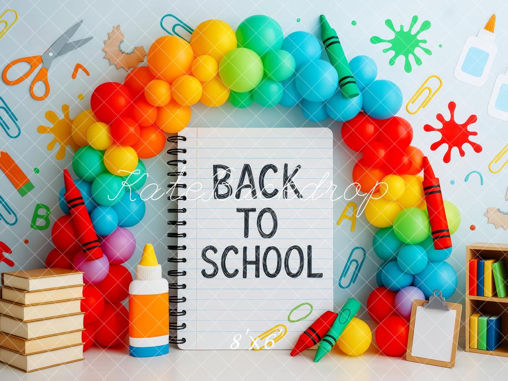 Kate Zurück zur Schule Ballonbogen Schulmaterial Bunt Hintergrund Entworfen von Patty Roberts - Kate Backdrop.de
