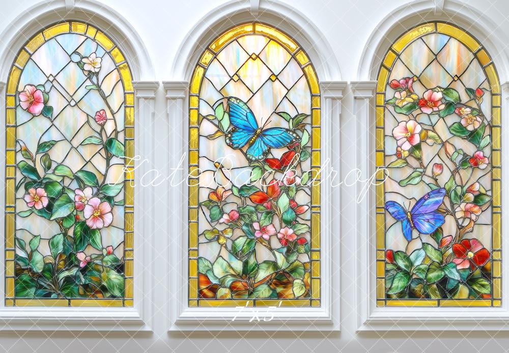 Kate Glas Fenster Schmetterlinge Blumen Bunt Hintergrund Entworfen von Mini MakeBelieve - Kate Backdrop.de