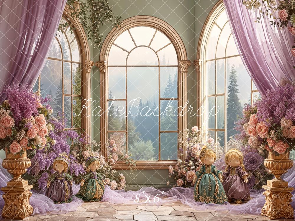 Kate Kinder Puppen Fenster Blumen Lila Hintergrund Entworfen von Emetselch - Kate Backdrop.de