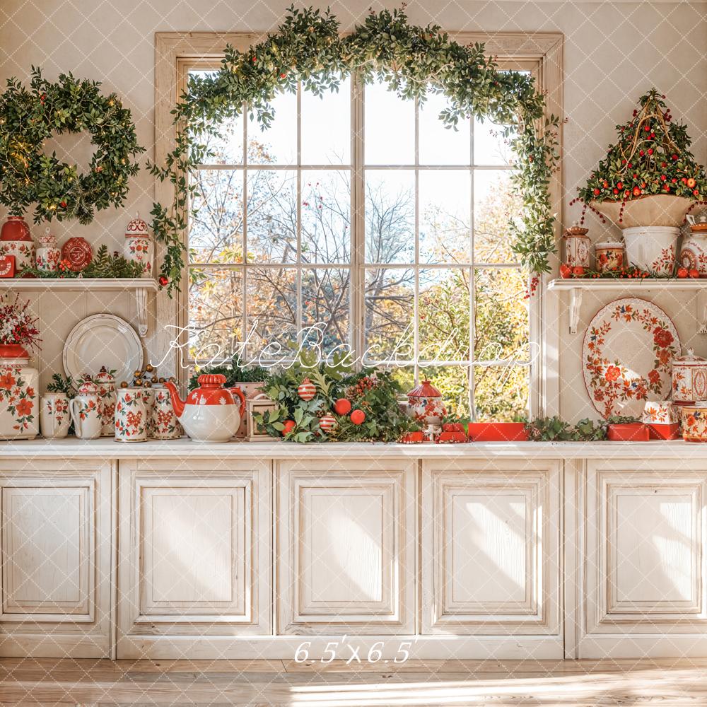 Kate Weihnachten Fenster Kranz Geschirr Hintergrund Entworfen von Emetselch - Kate Backdrop.de