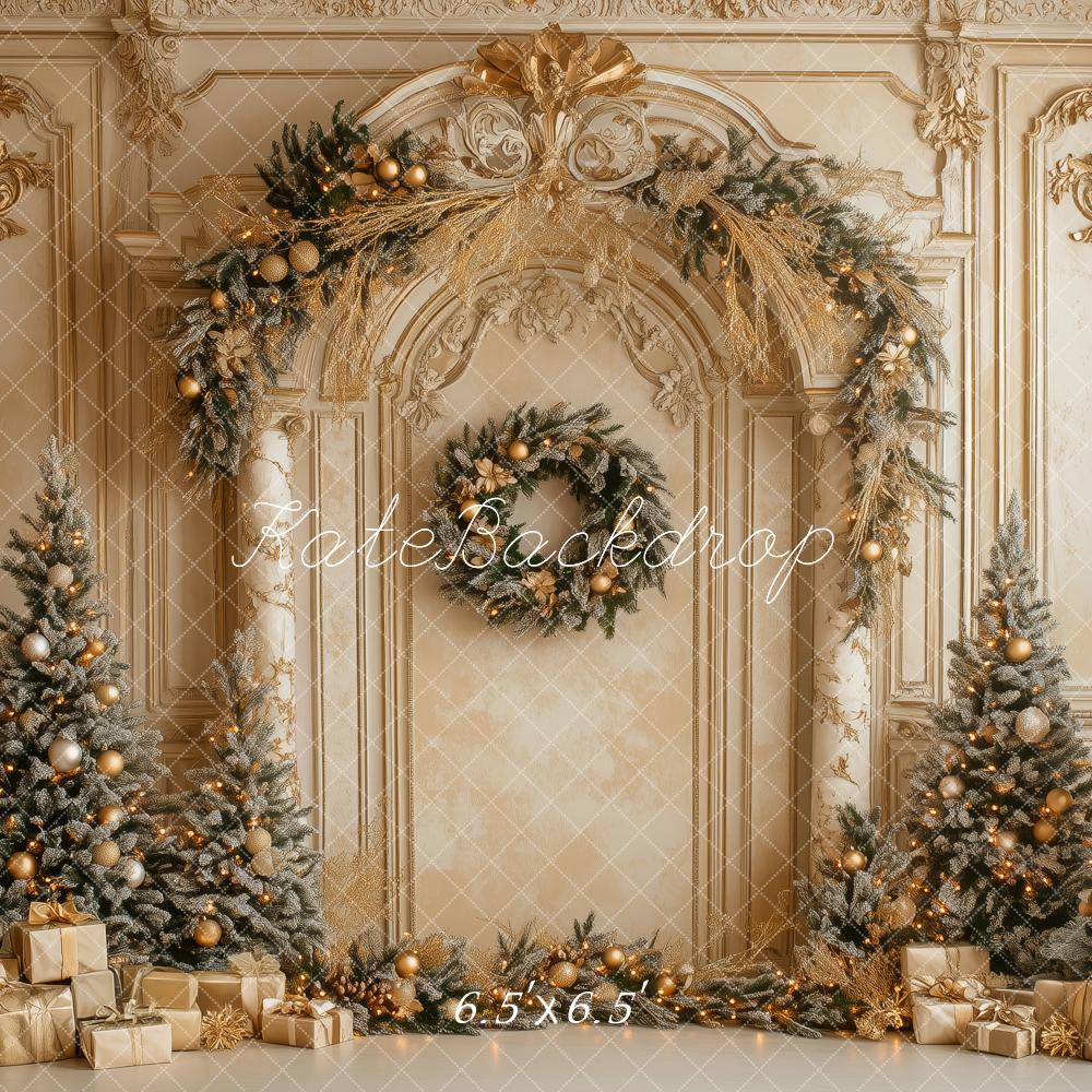Kate Weihnachten Tannen Geschenke Gold Hintergrund Entworfen von Patty Roberts - Kate Backdrop.de