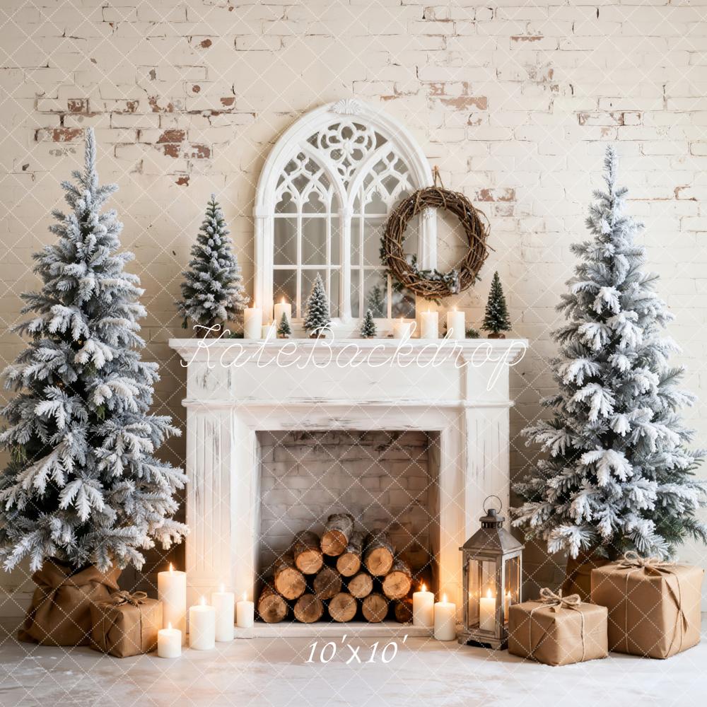 Kate Weihnachten Kamin Schneebedeckte Bäume Weiß Hintergrund Entworfen von Emetselch - Kate Backdrop.de