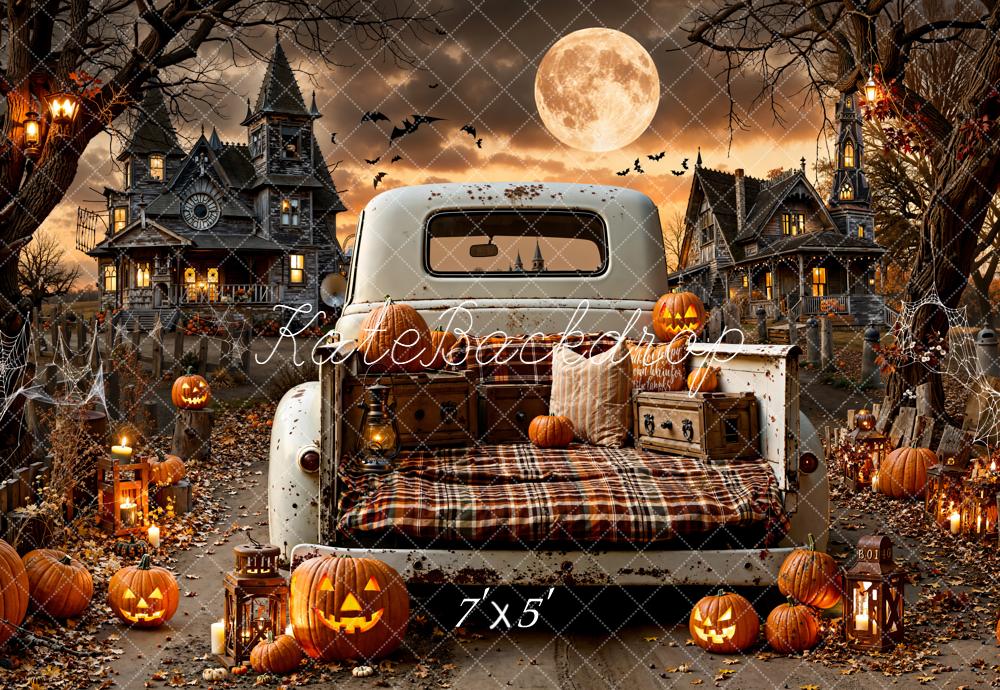 Kate Halloween Auto Kürbisse Spukhaus Hintergrund Entworfen von Emetselch - Kate Backdrop.de