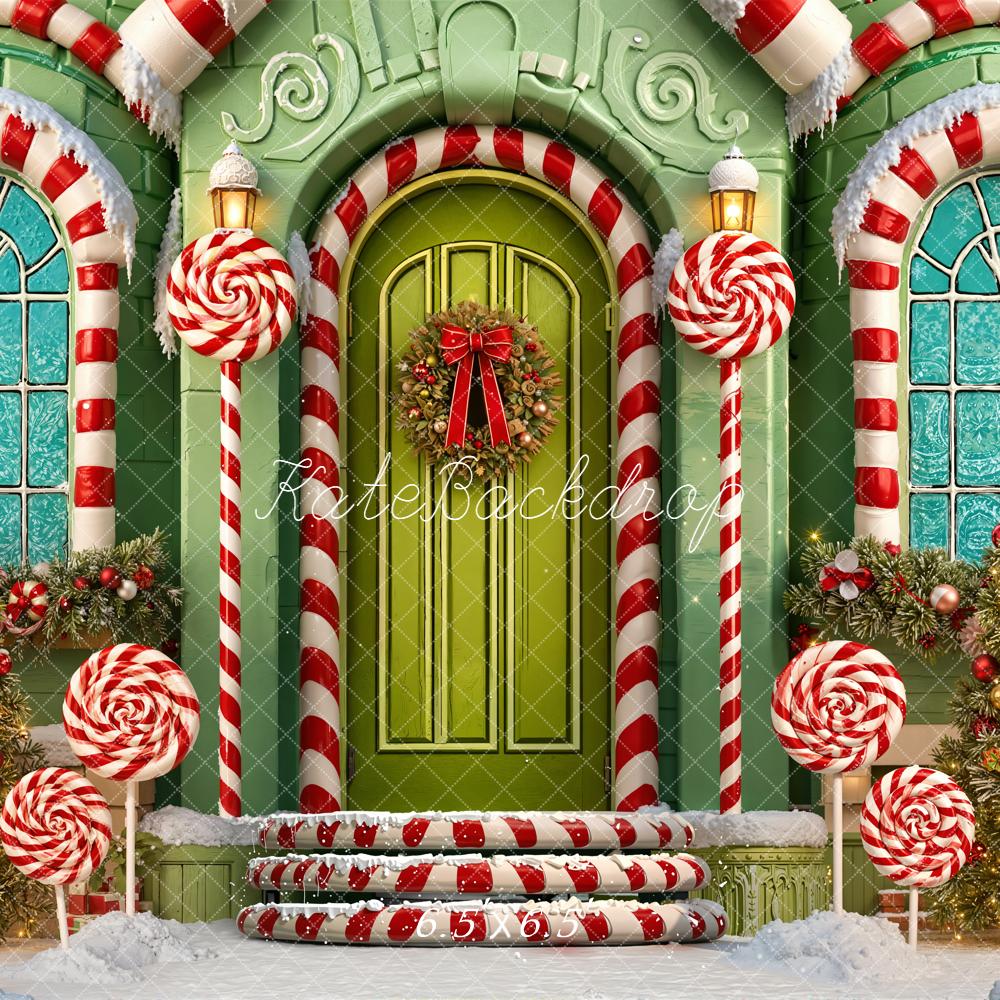 Kate Weihnachten Zuckerstangen Türhaus Grün Hintergrund Entworfen von Emetselch - Kate Backdrop.de