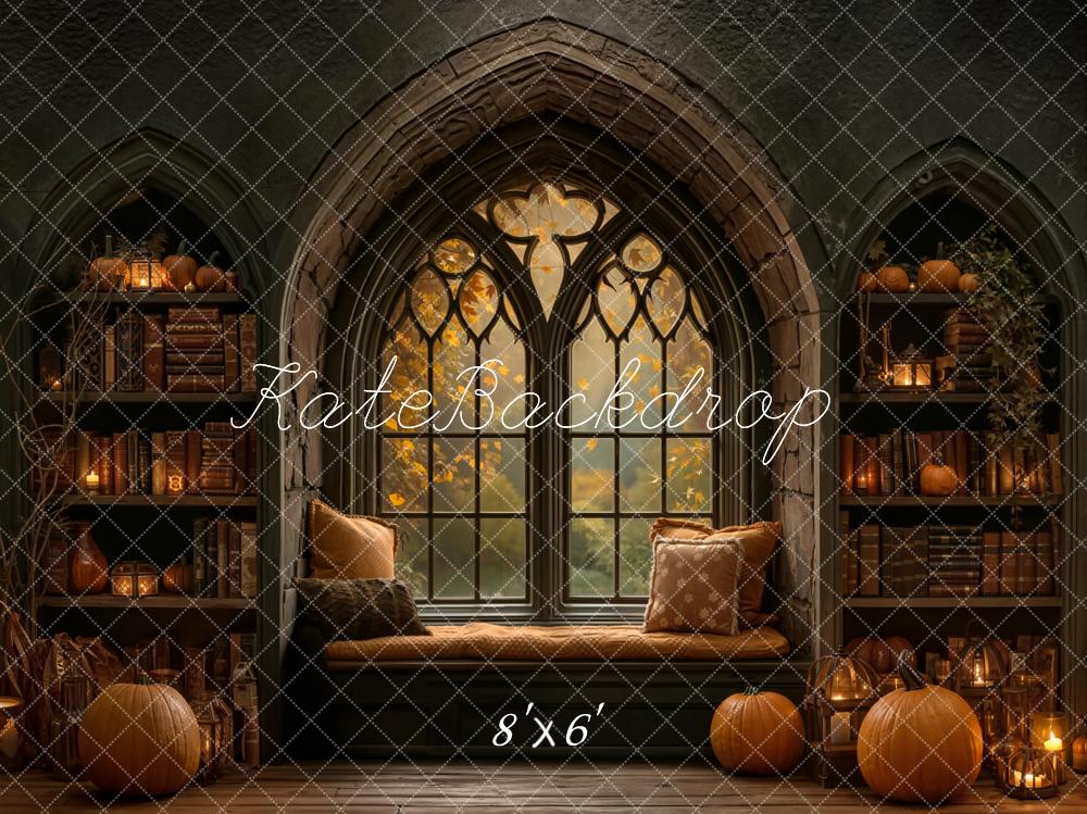 Kate Halloween Fenster Bücher Kürbisse Fleece Hintergrund Entworfen von Emetselch - Kate Backdrop.de