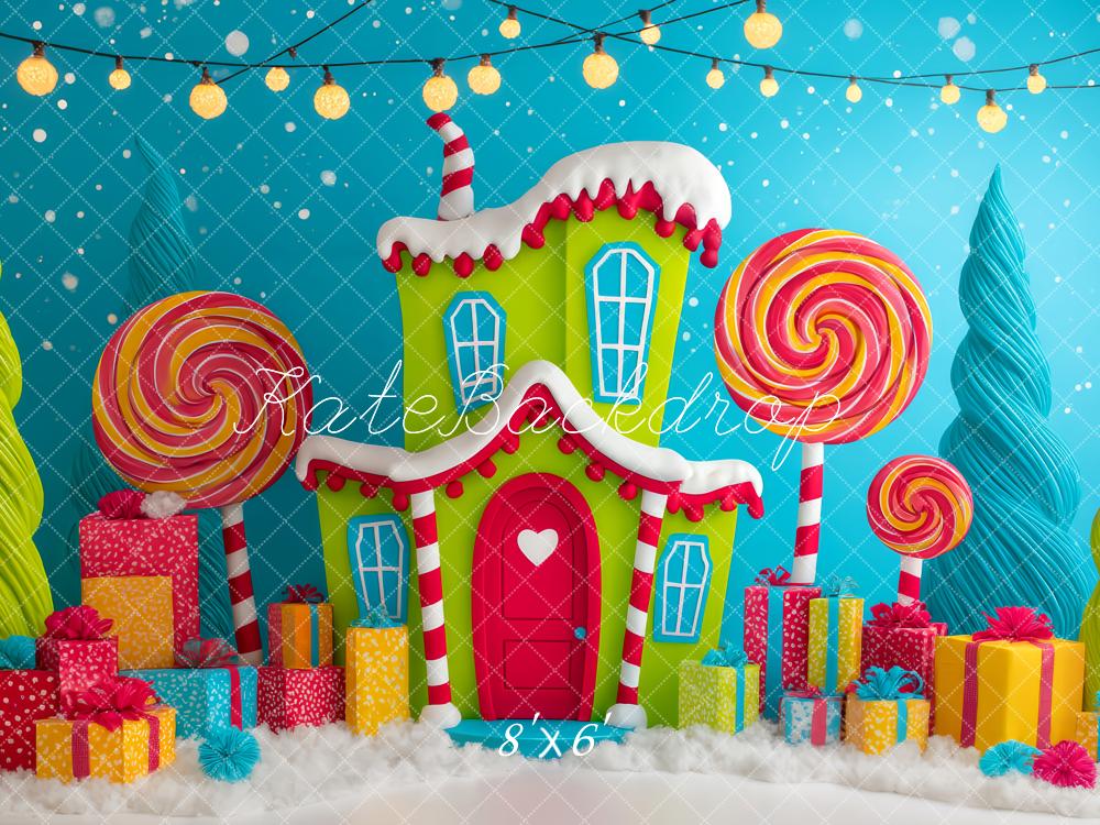 Kate Weihnachten Lebkuchenhaus Lollipops Bunt Hintergrund Entworfen von Patty Roberts - Kate Backdrop.de
