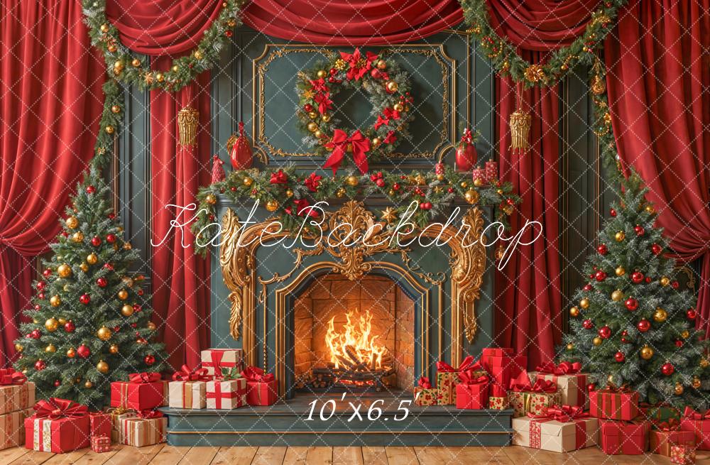 Kate Weihnachten Kamin Weihnachtsbaum Rot Fleece Hintergrund Entworfen von Emetselch - Kate Backdrop.de