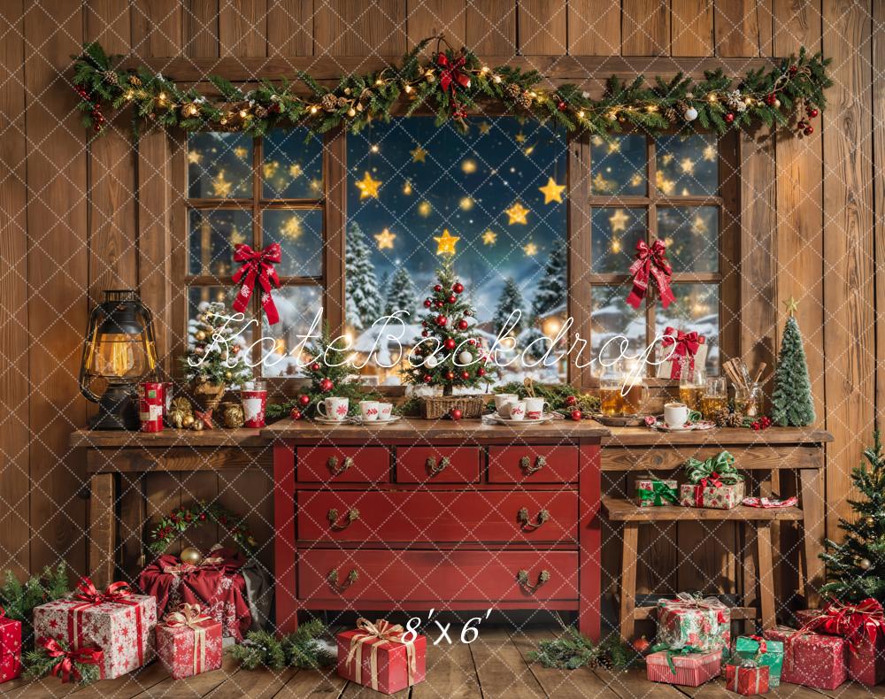 Kate Weihnachten Fenster Geschenke Holz Fleece Hintergrund Entworfen von Chain - Kate Backdrop.de