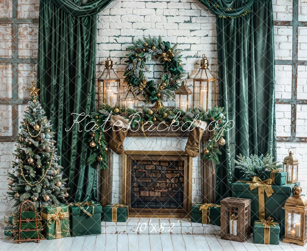 Kate Weihnachten Kamin Weihnachtsbaum Geschenke Grün Hintergrund Entworfen von Emetselch
