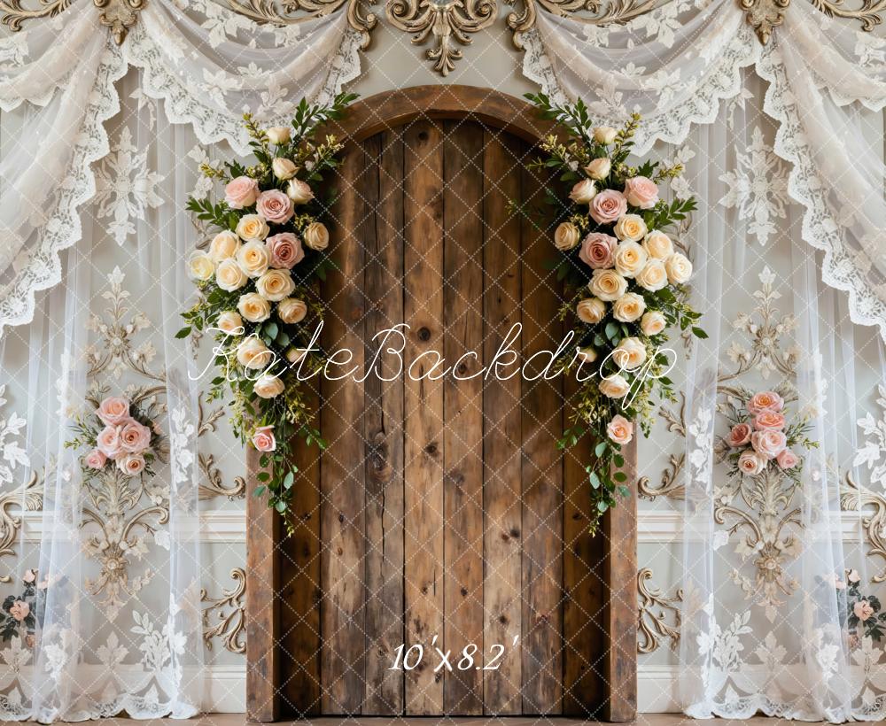 Kate Hochzeit Holztür Blumen Spitze Hintergrund Entworfen von Mini MakeBelieve