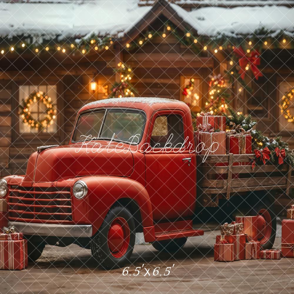 Kate Weihnachten Roter Pickup Geschenkboxen Holzhaus Hintergrund Entworfen von Emetselch - Kate Backdrop.de