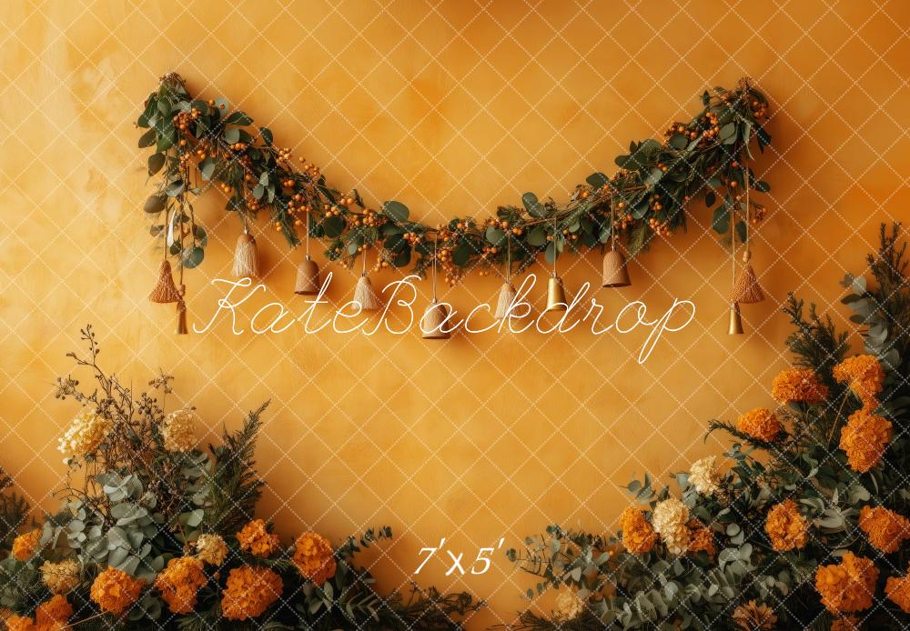 Kate Herbst Blumen Girlande Gelb Hintergrund Entworfen von Patty Roberts - Kate Backdrop.de