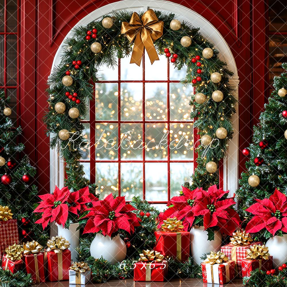 Kate Weihnachten Fenster Kranz Poinsettien Hintergrund Entworfen von Mini MakeBelieve - Kate Backdrop.de